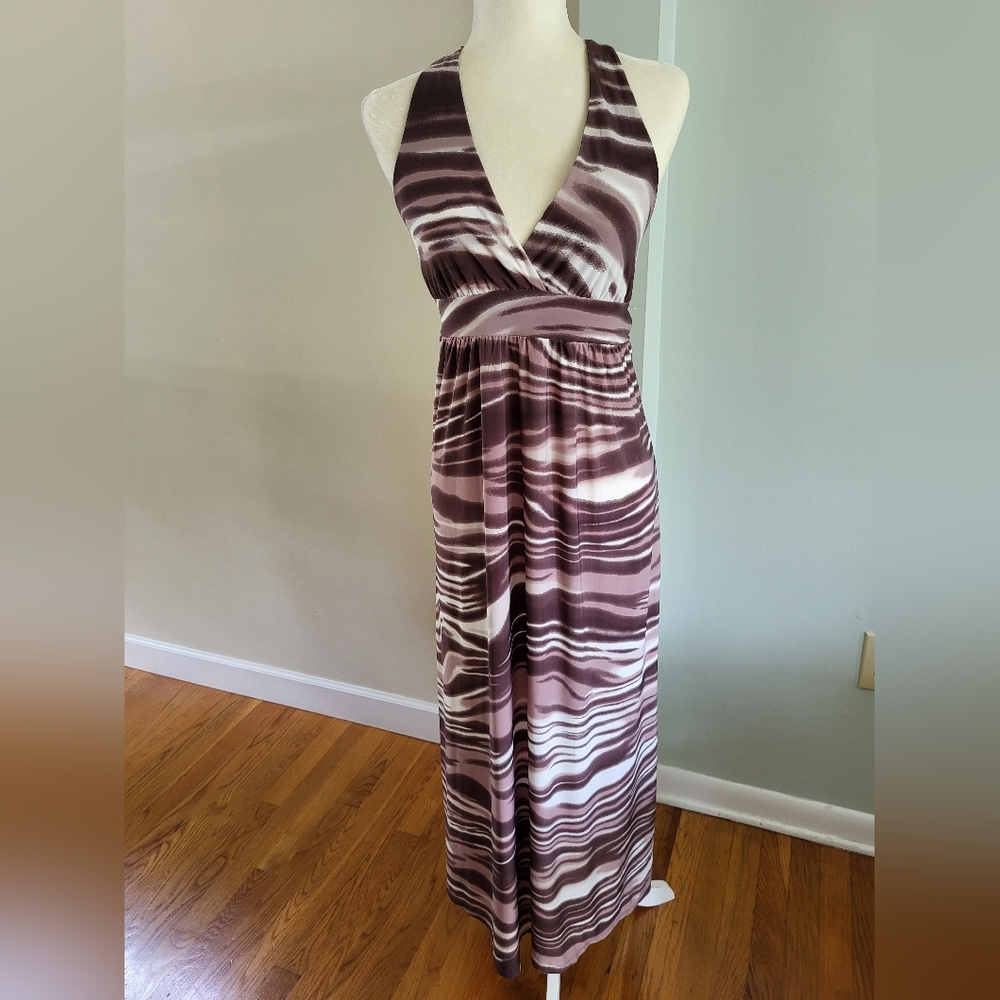 Christina Love Halter Maxi Summer Sun Dress Medium New Taupe Beige White